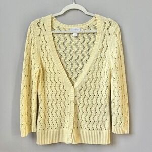 Vintage Cardigan Sweater Women's Medium Yellow Open Knit 100% Cotton Coastal Top